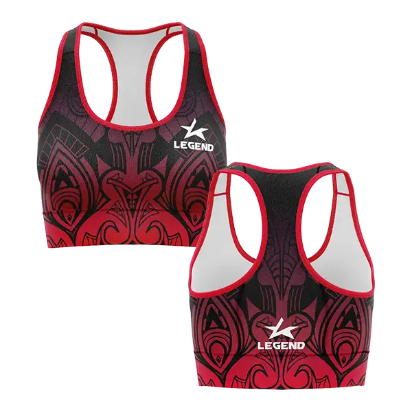 Custom crop top design, black and red pacific island pattern design. Get started designing custom crop tops today with Legend Sportswear.
