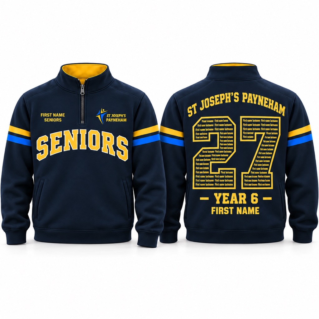 Front and back of the St Joseph's Payneham 2027 navy quarter-zip graduation jacket with SENIORS lettering, gold and blue sleeve stripes, and 27 back artwork