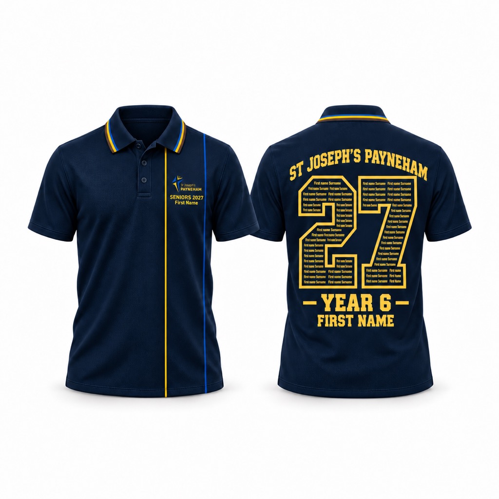 Front and back of the St Joseph's Payneham 2027 graduation polo in navy with gold, blue and brown collar piping