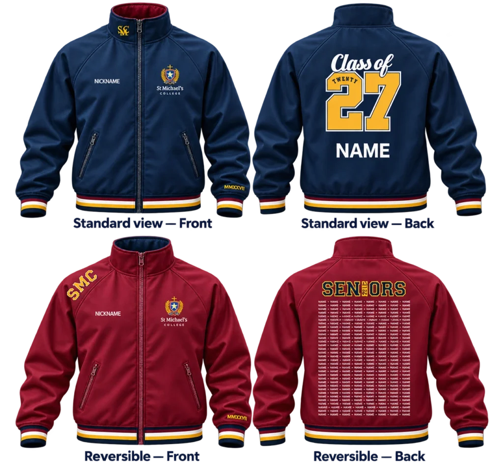 St Michaels graduation jacket — navy standard front and back, and burgundy reversible front and back